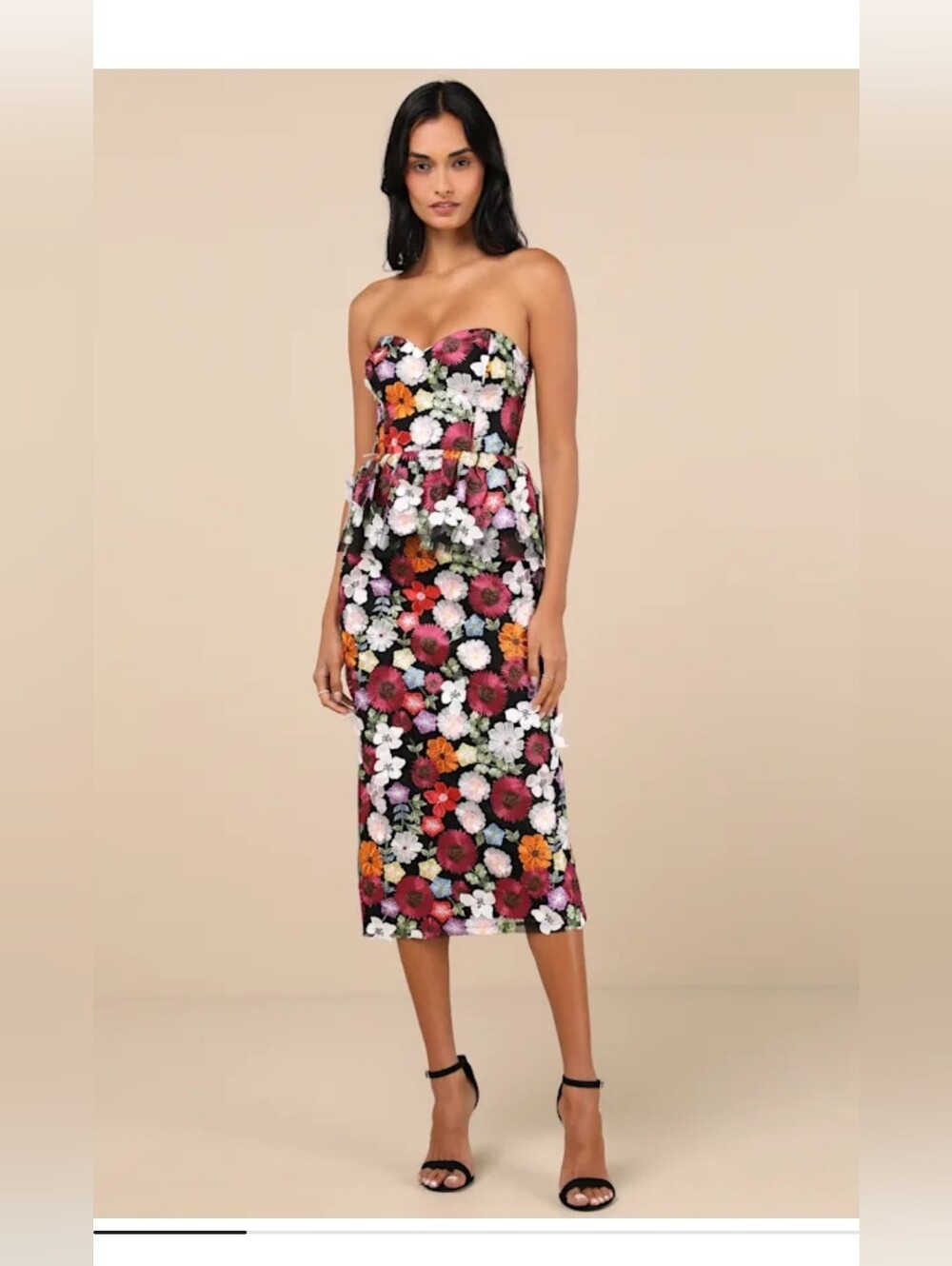 Fabulous Display Black Multi 3D Floral Strapless Midi Dress